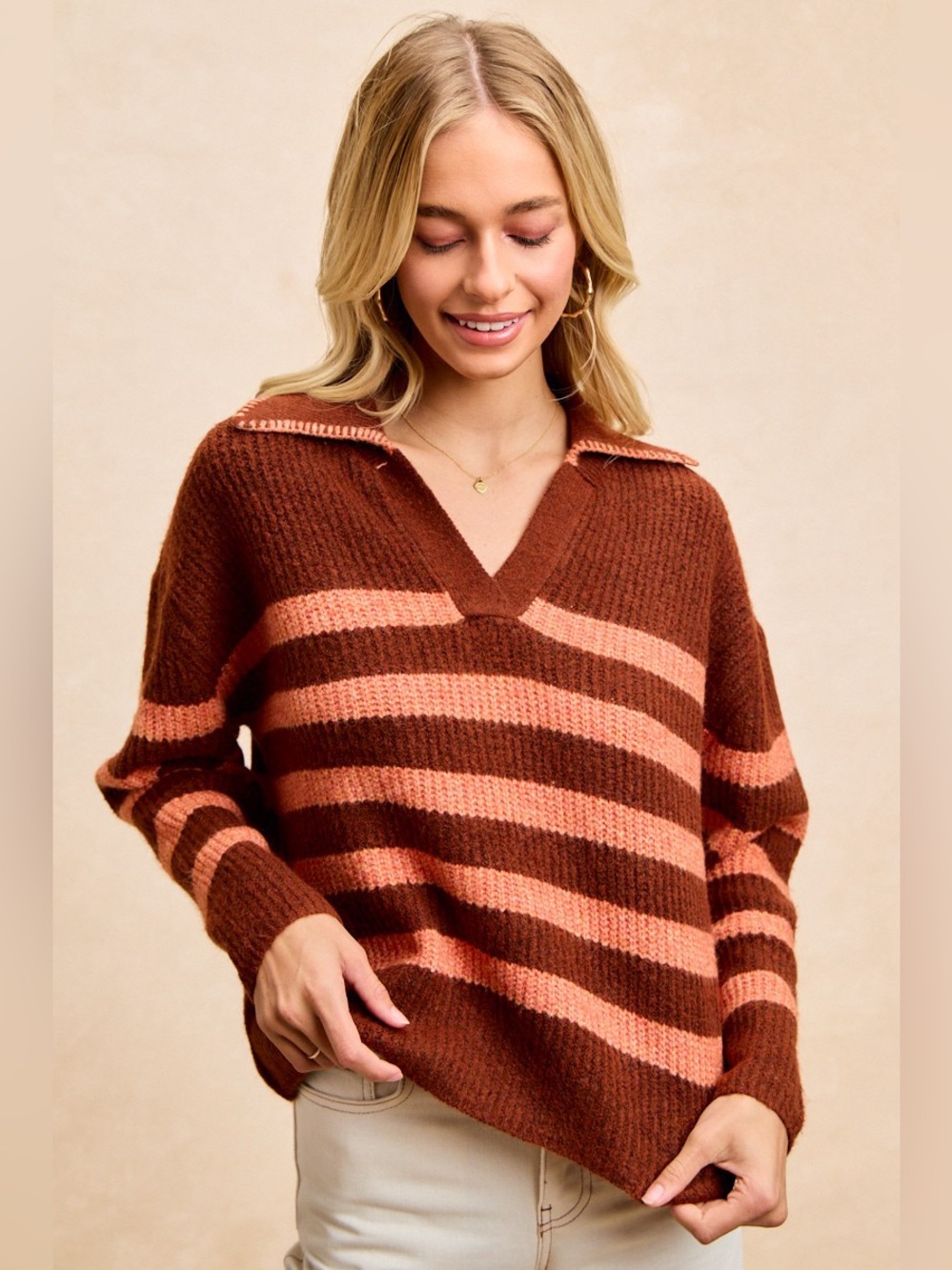 BiBi Striped Sweater Top with Collar Stitched Details